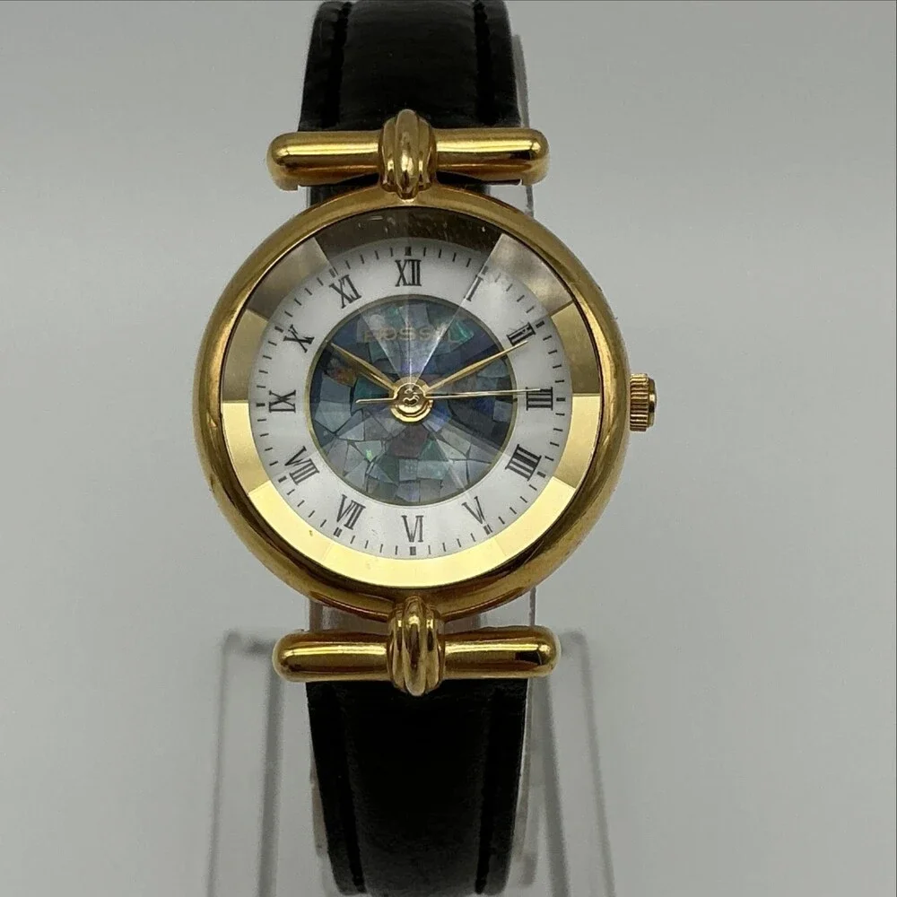 Vintage Fossil PC-7380 Women Watch 26mm Rivoli Crystal Black Leather New Battery